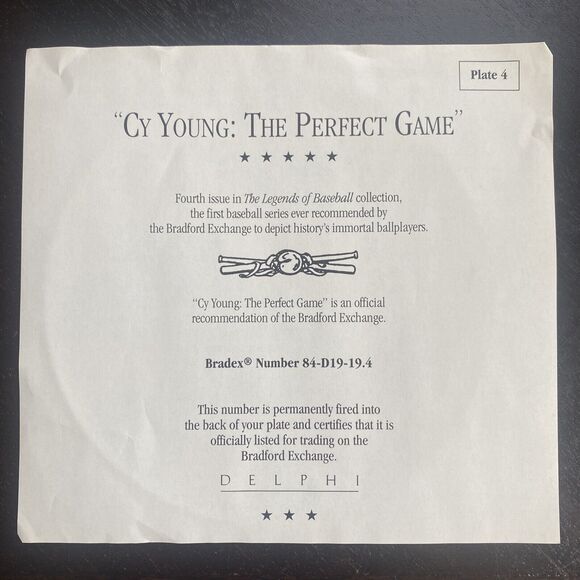 DELPHI CY YOUNG THE PERFECT GAME LARGE 8" PLATE BRADFORD EXCHANGE - Picture 4 of 7